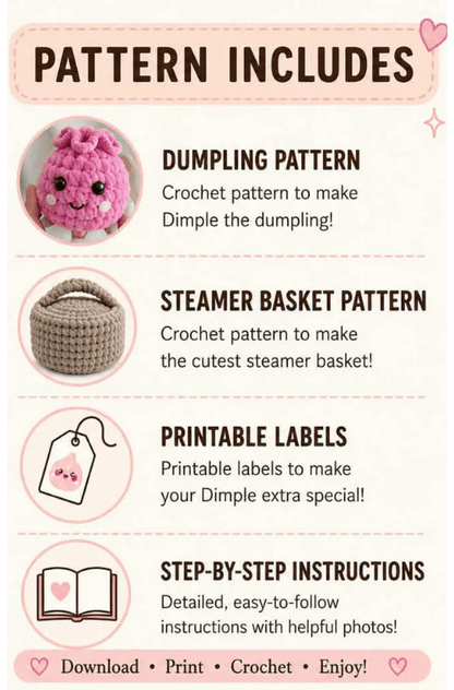 Dimple the Dumpling , Crochet Pattern , No - Sew Amigurumi