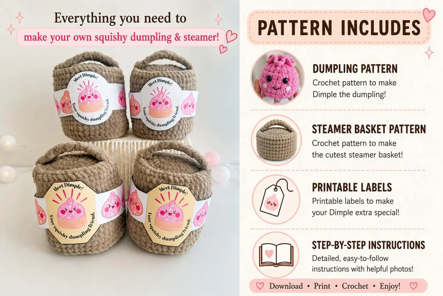 Dimple the Dumpling , Crochet Pattern , No - Sew Amigurumi
